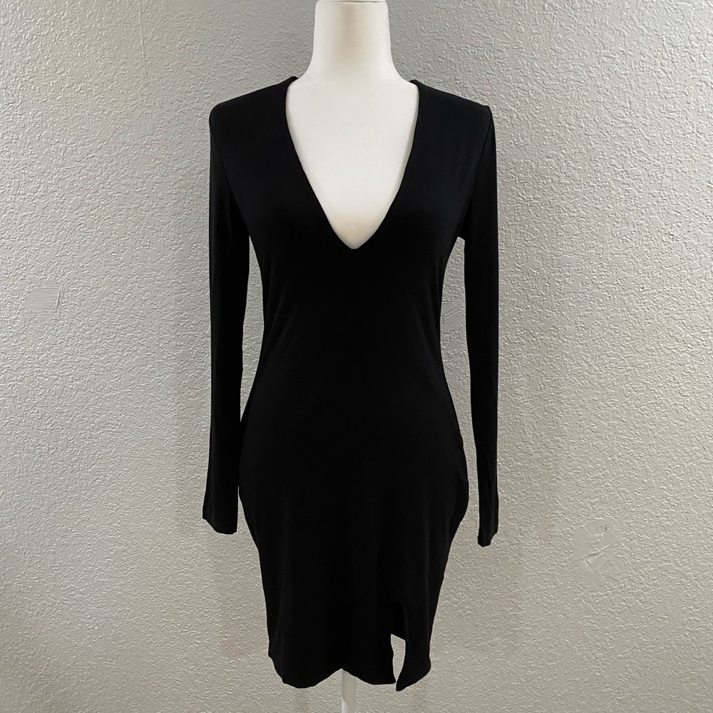 Black Long Sleeve Plunging Neck Mini Dress